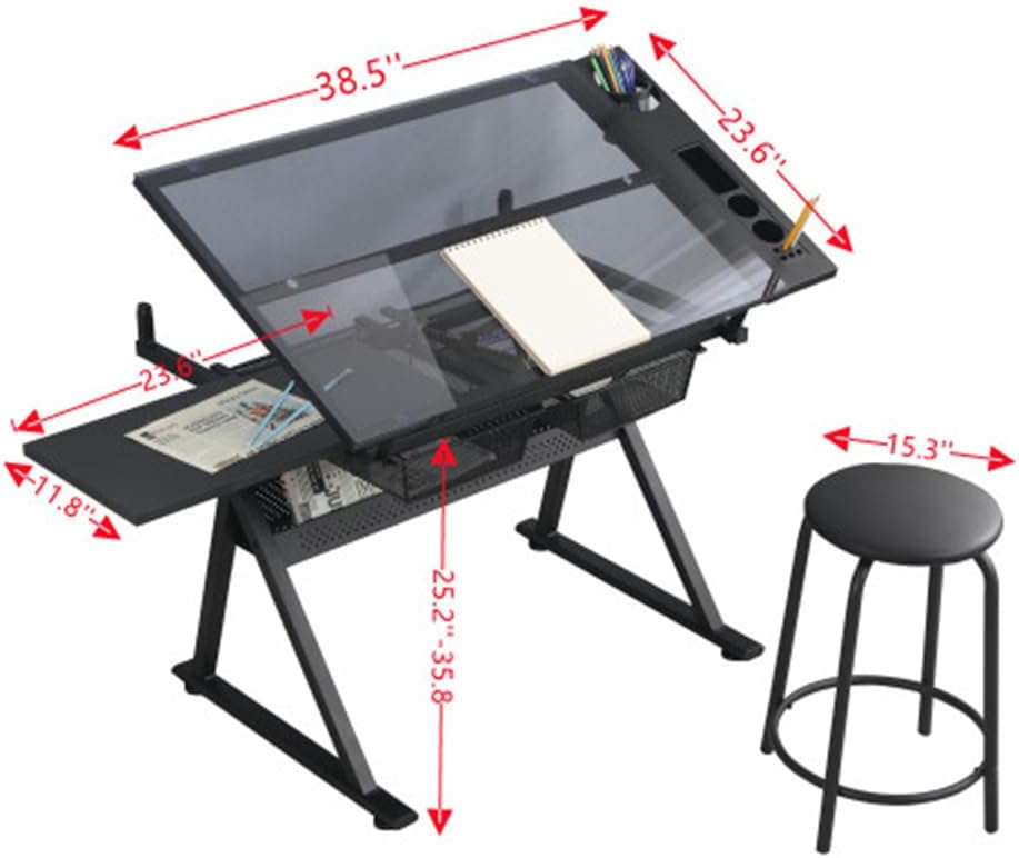 Height‑Adjustable Drafting Table with Stool