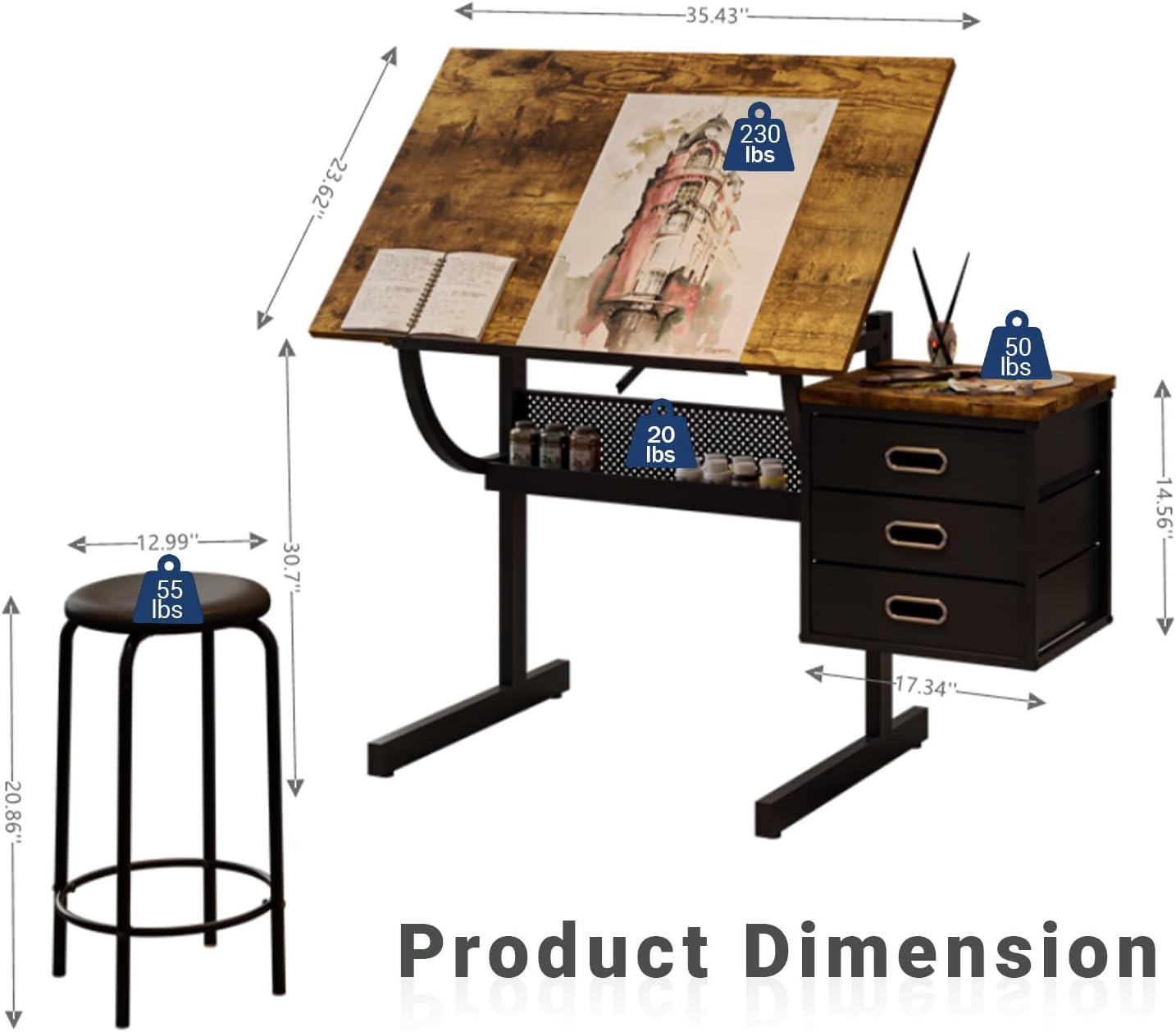 Adjustable Artist Drafting Table with Stool