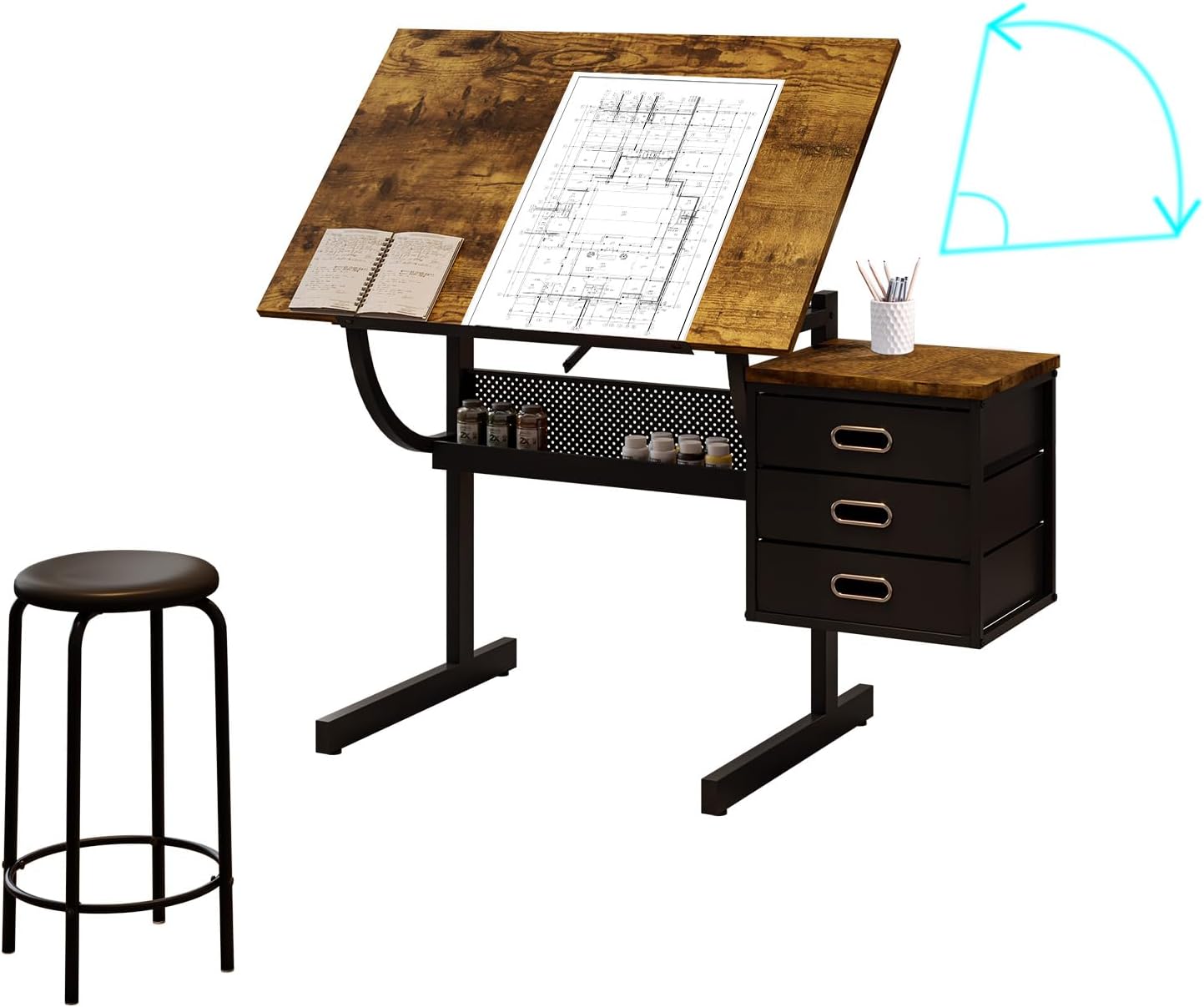 Adjustable Artist Drafting Table with Stool