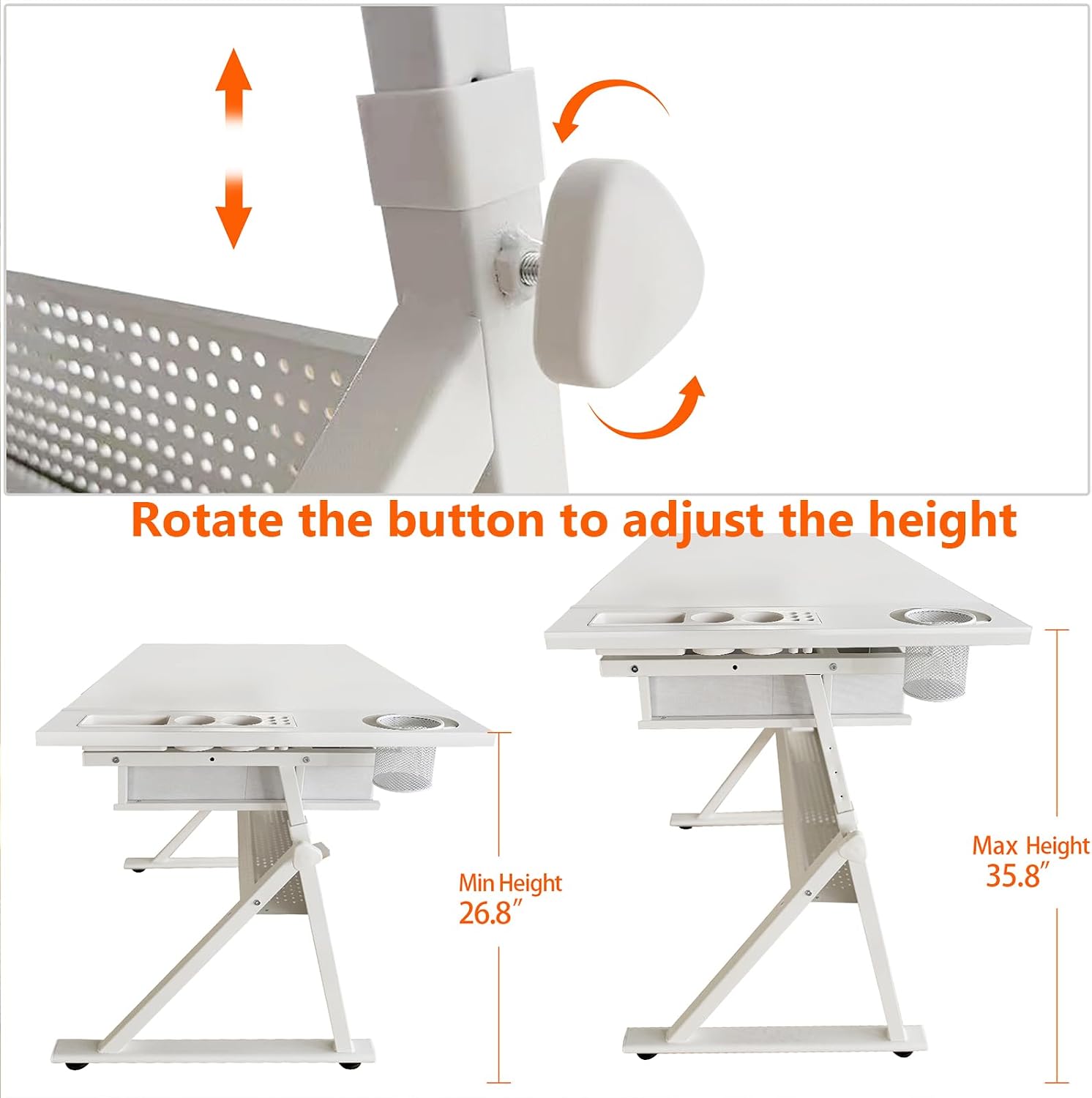 White Drafting Table with Drawers & Stool