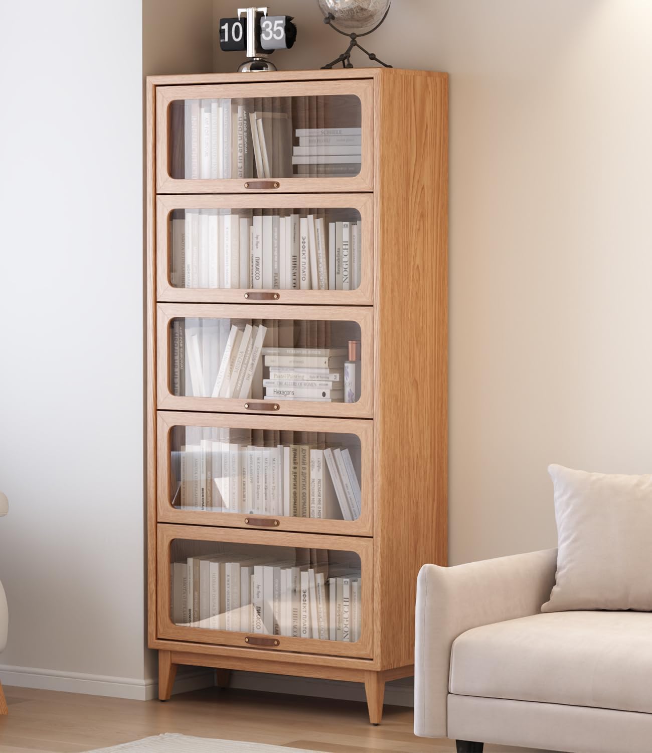 Solid Wood Glass Flip‑Door Bookcase