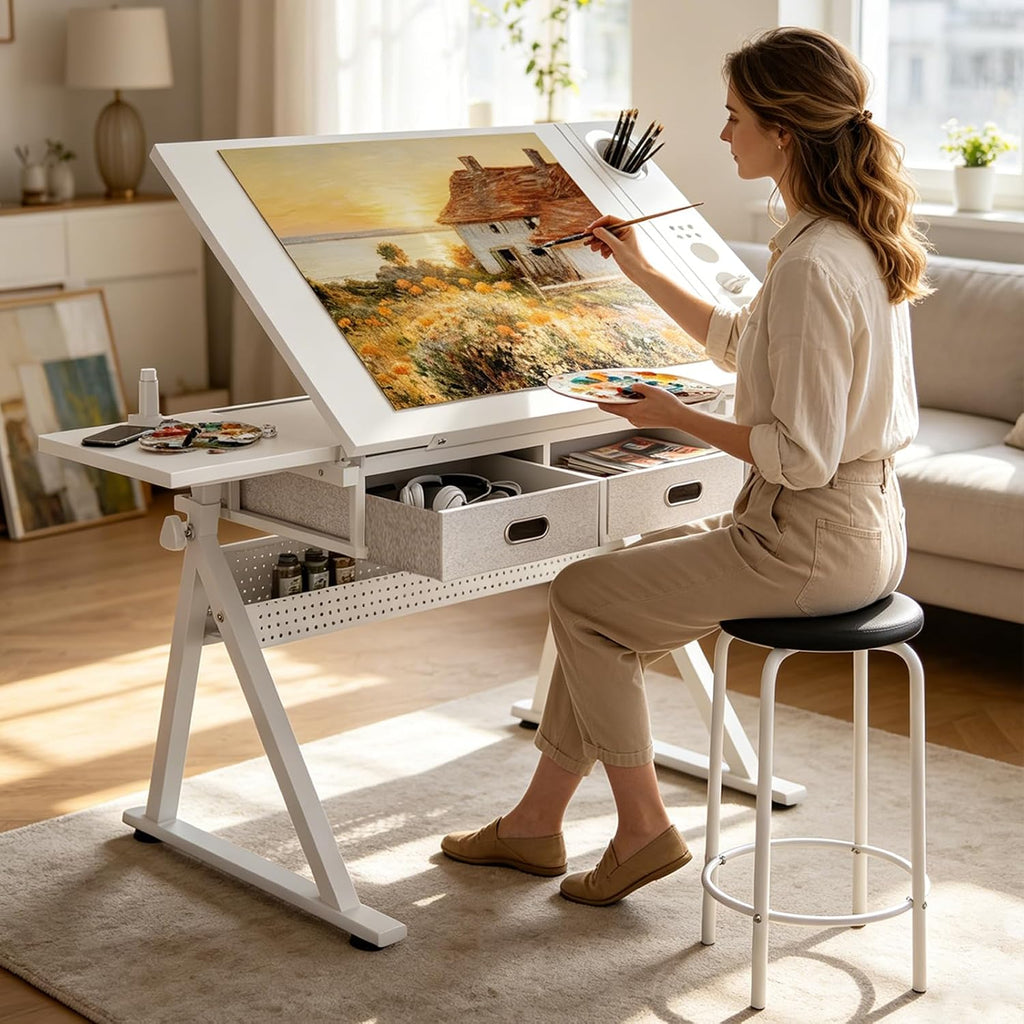 White Drafting Table with Drawers & Stool