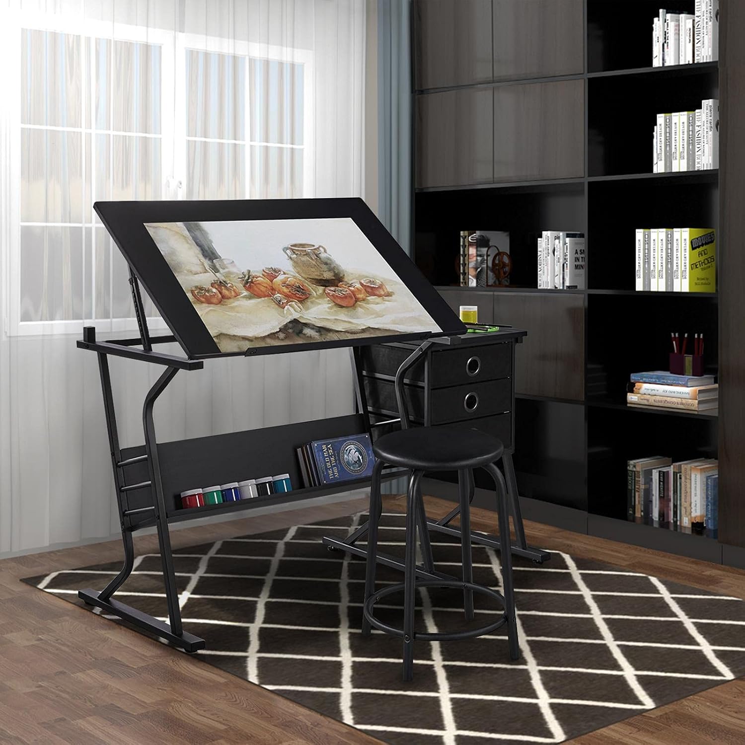Black Drafting Table with Stool