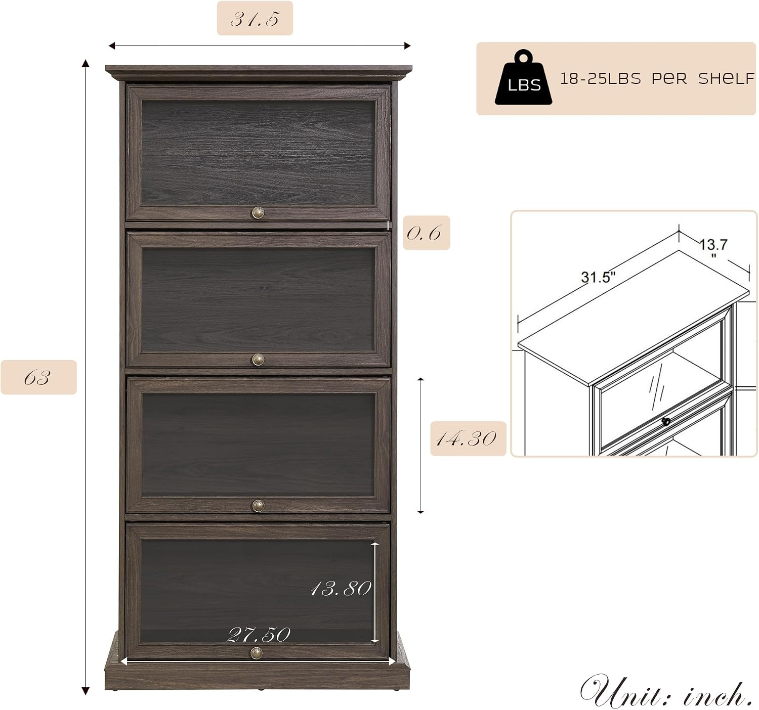 Brown Farmhouse Glass Door Tall Bookcase