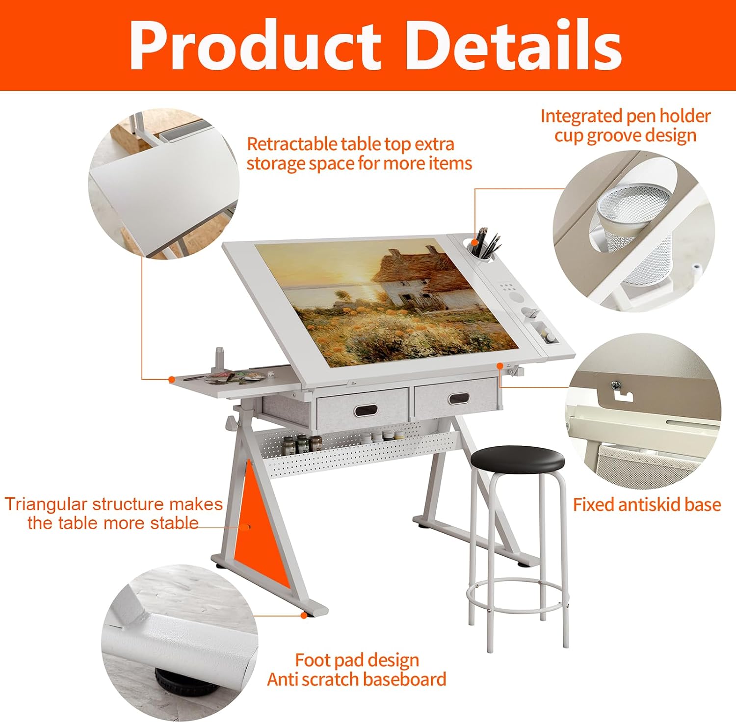 White Drafting Table with Drawers & Stool