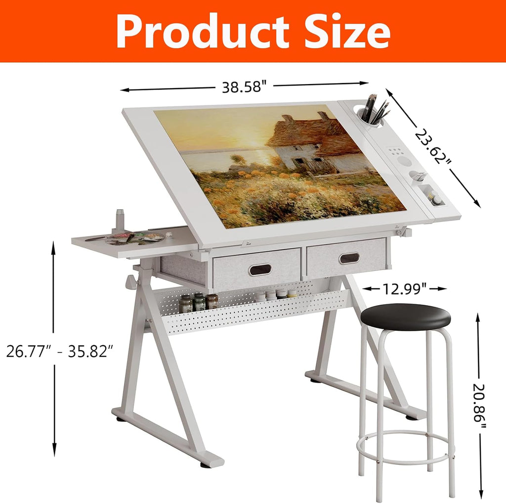 White Drafting Table with Drawers & Stool