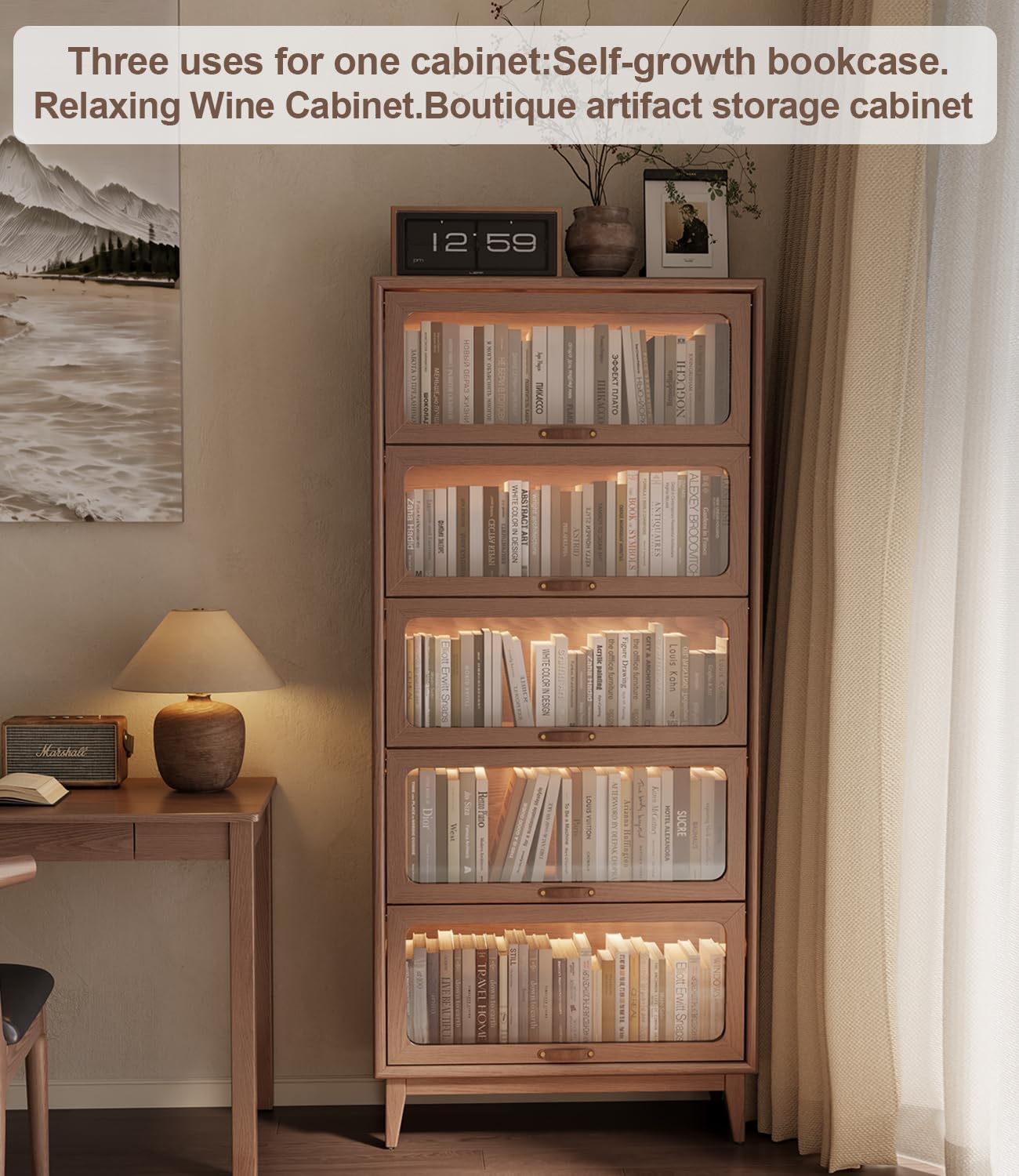 Solid Wood Glass Flip‑Door Bookcase