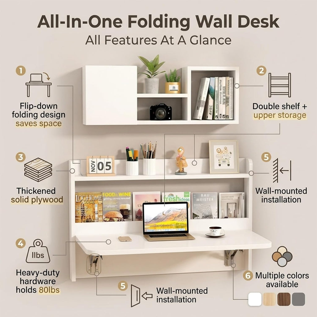 Wall Mounted Folding Bookshelf Desk