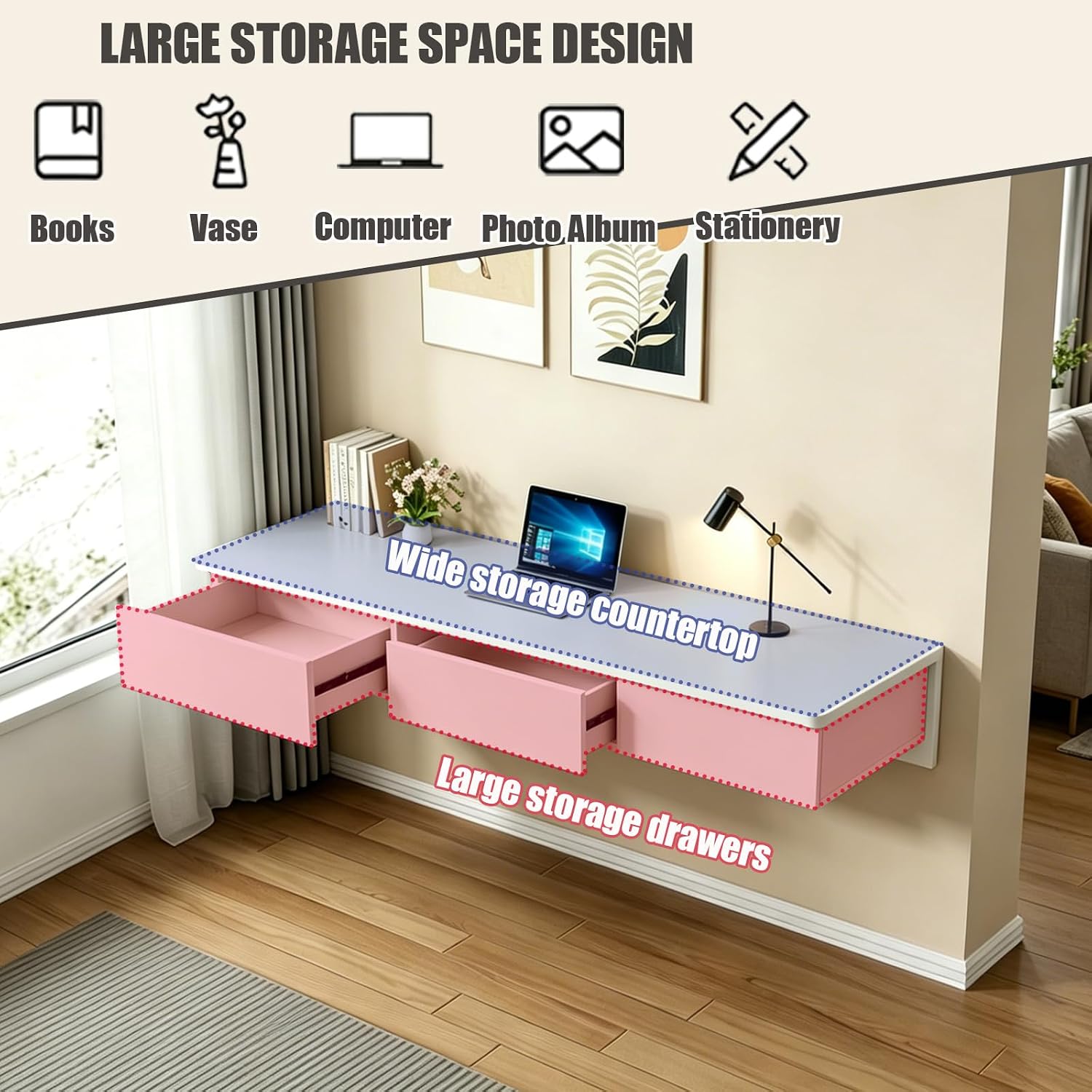 Floating Desk with Drawers Wood Floating Vanity Makeup Table