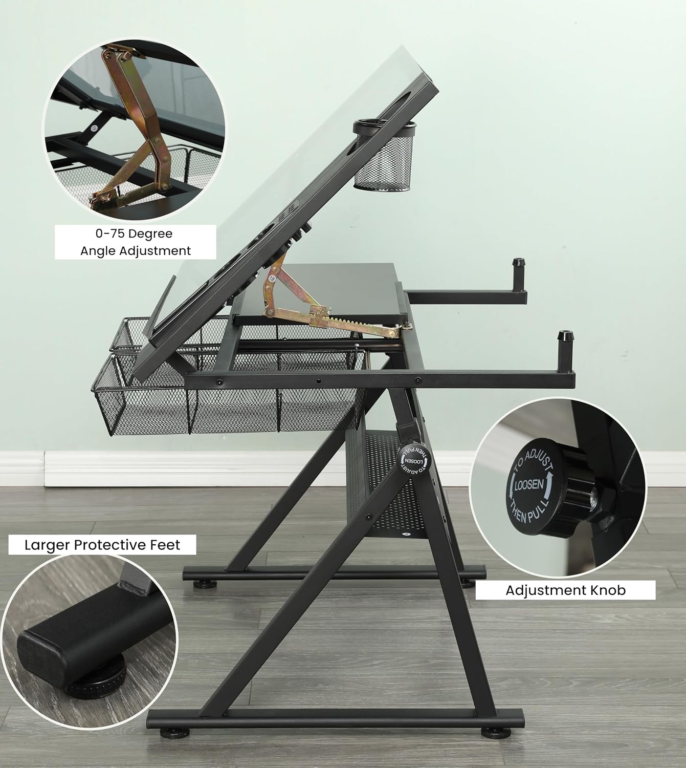 Height‑Adjustable Drafting Table with Stool