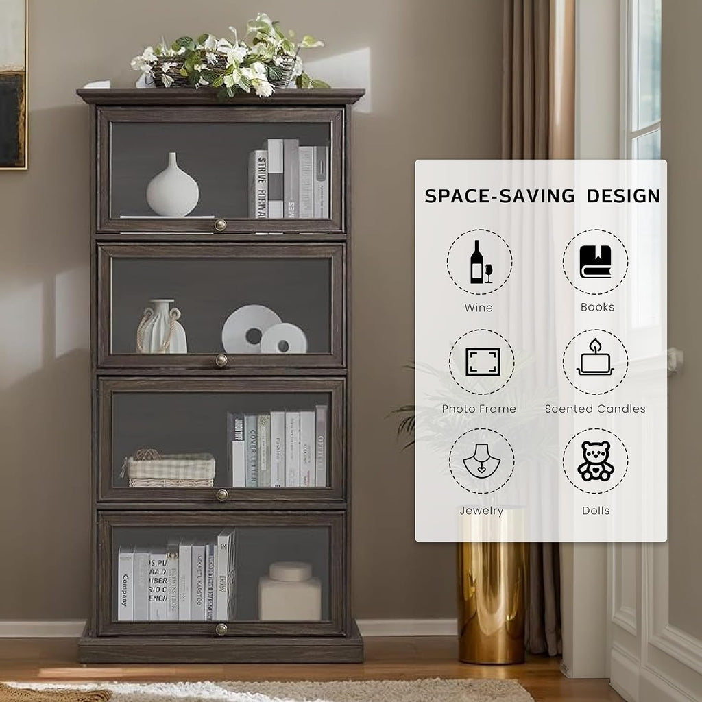 Brown Farmhouse Glass Door Tall Bookcase