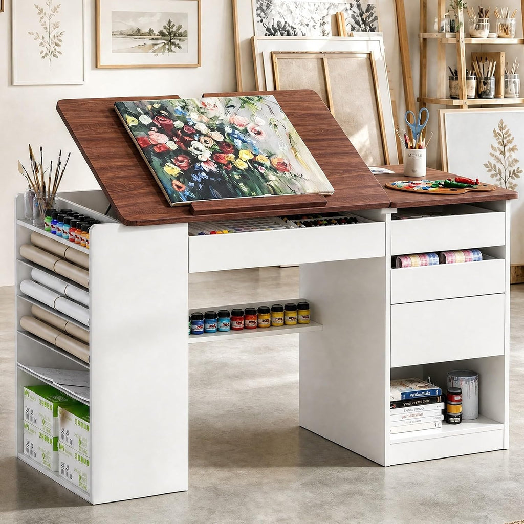 Adjustable Drafting Table with Storage Shelves