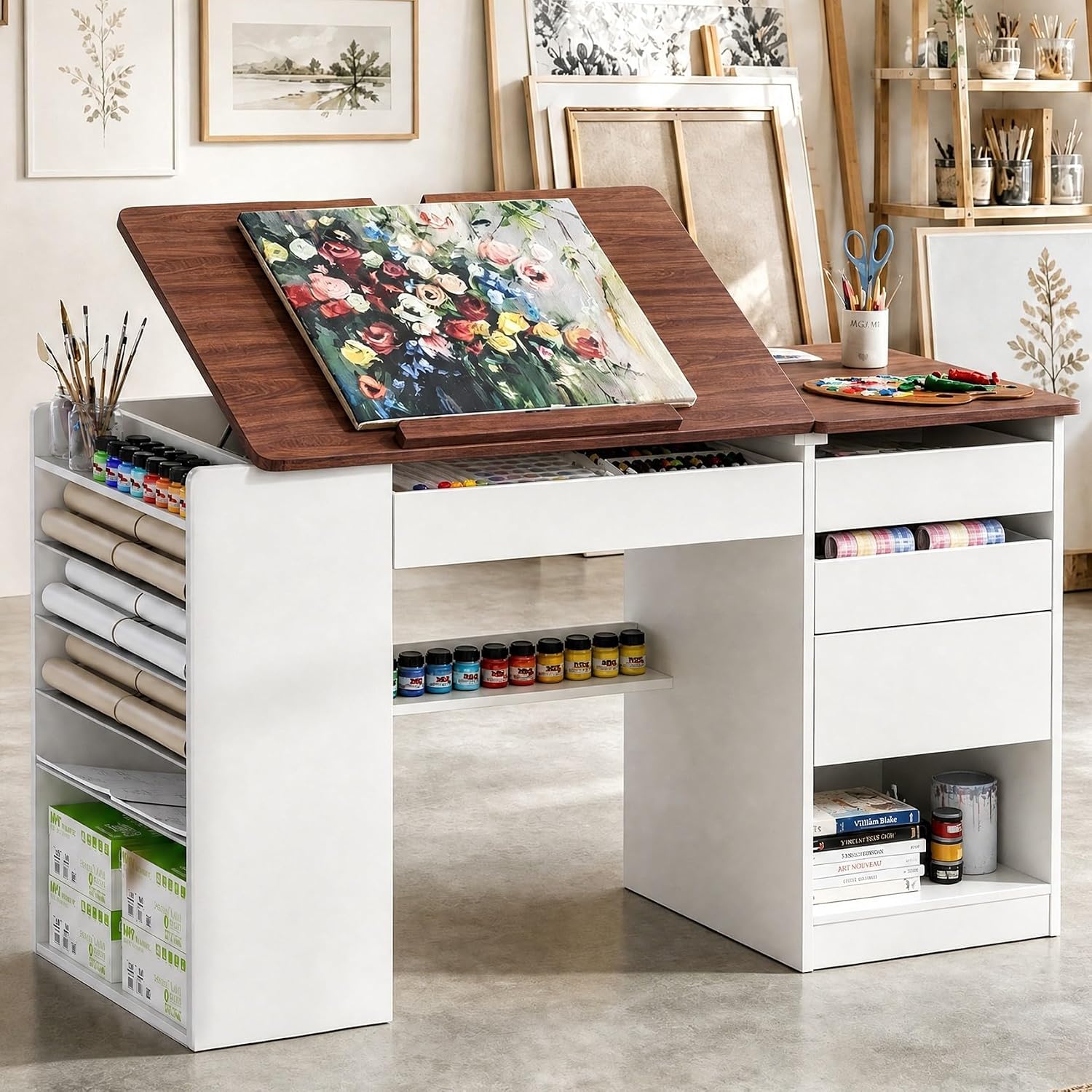Adjustable Drafting Table with Storage Shelves