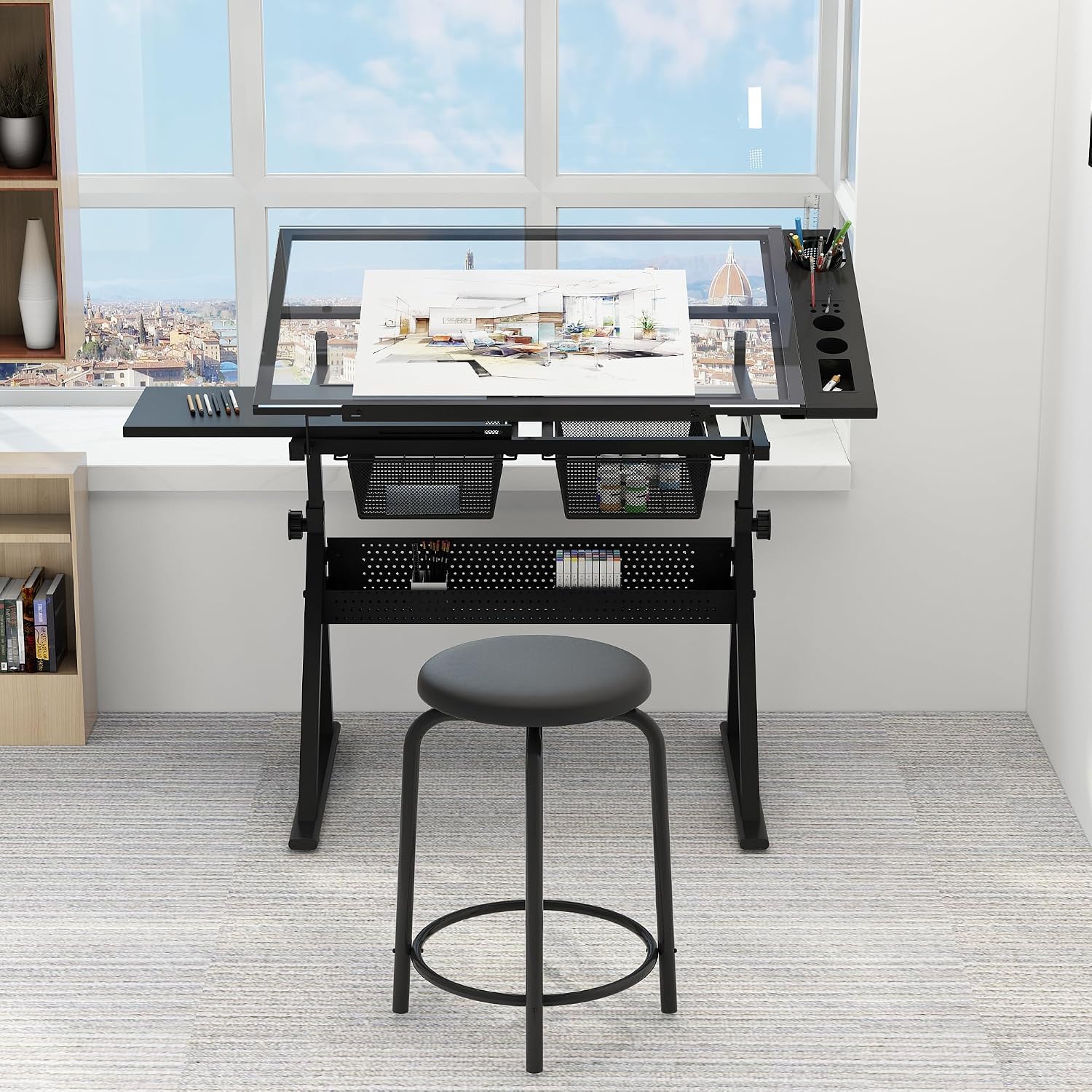 Height‑Adjustable Drafting Table with Stool