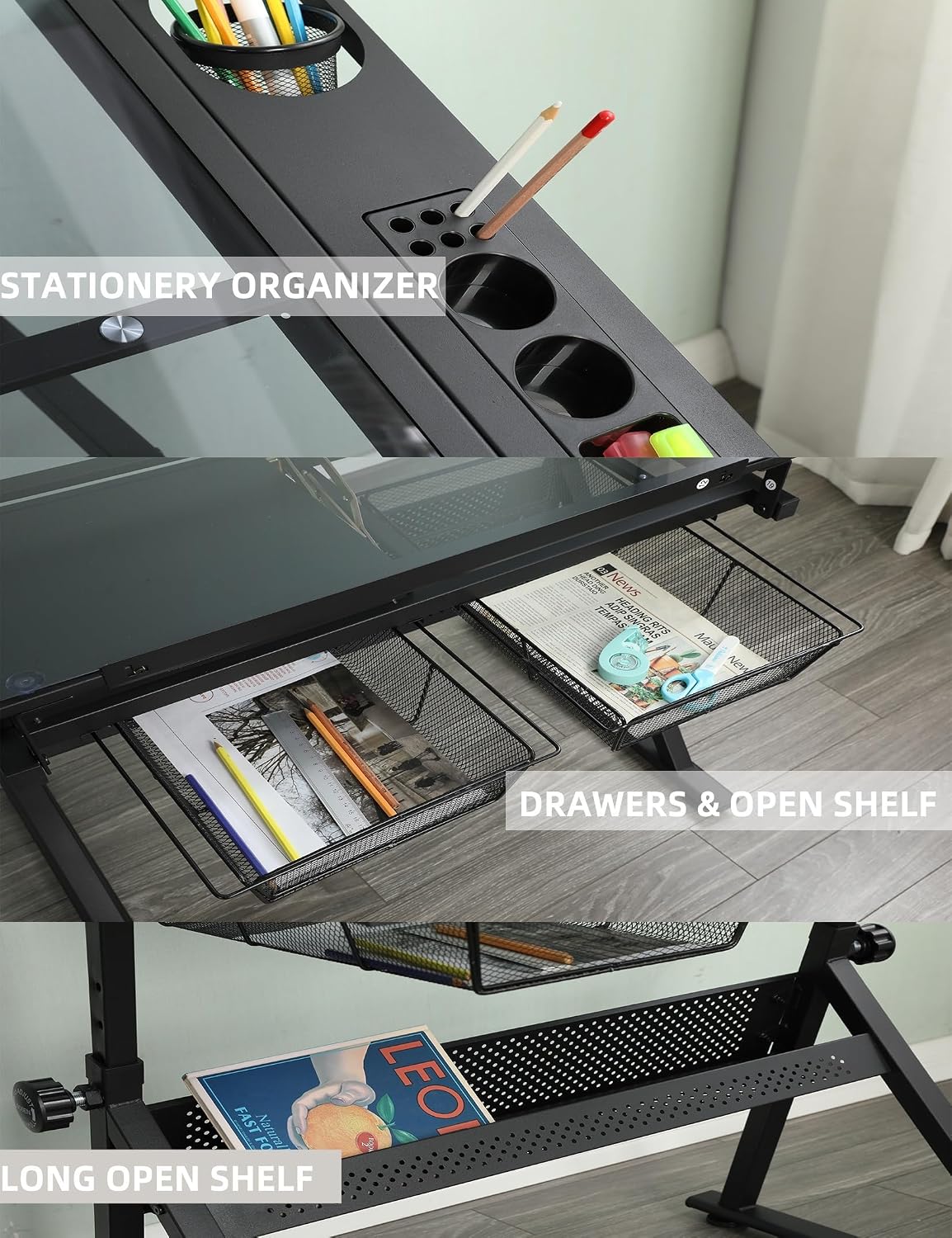 Height‑Adjustable Drafting Table with Stool