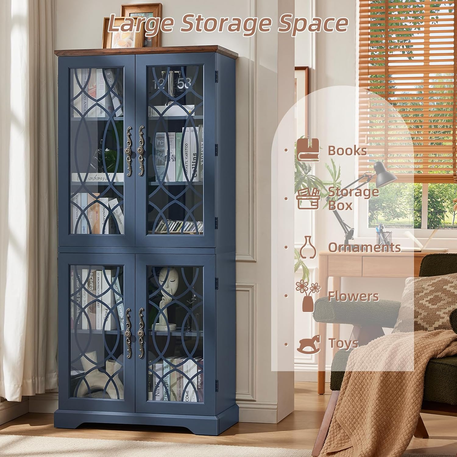 Navy Blue Glass Door Bookcase