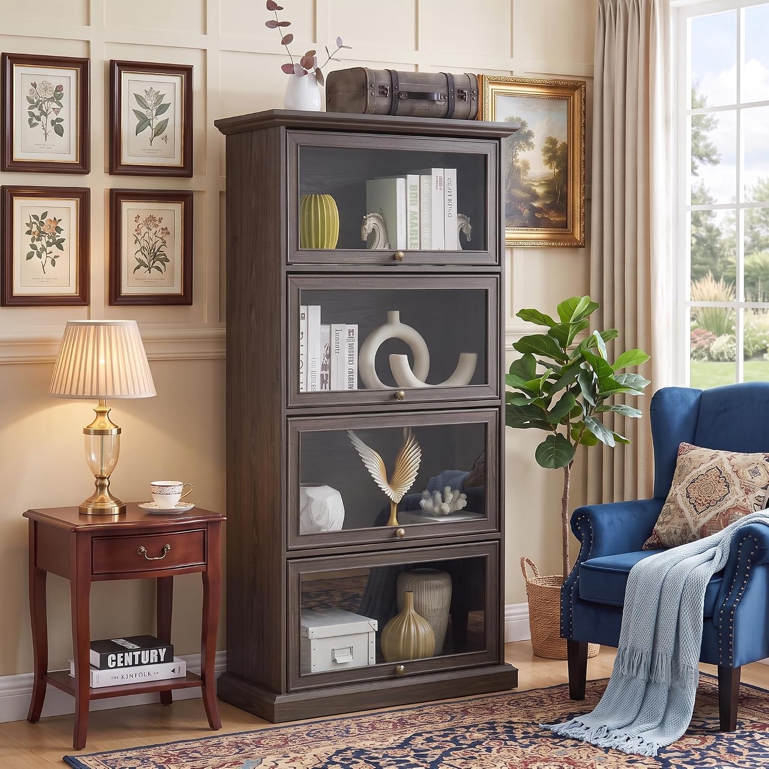 Brown Farmhouse Glass Door Tall Bookcase