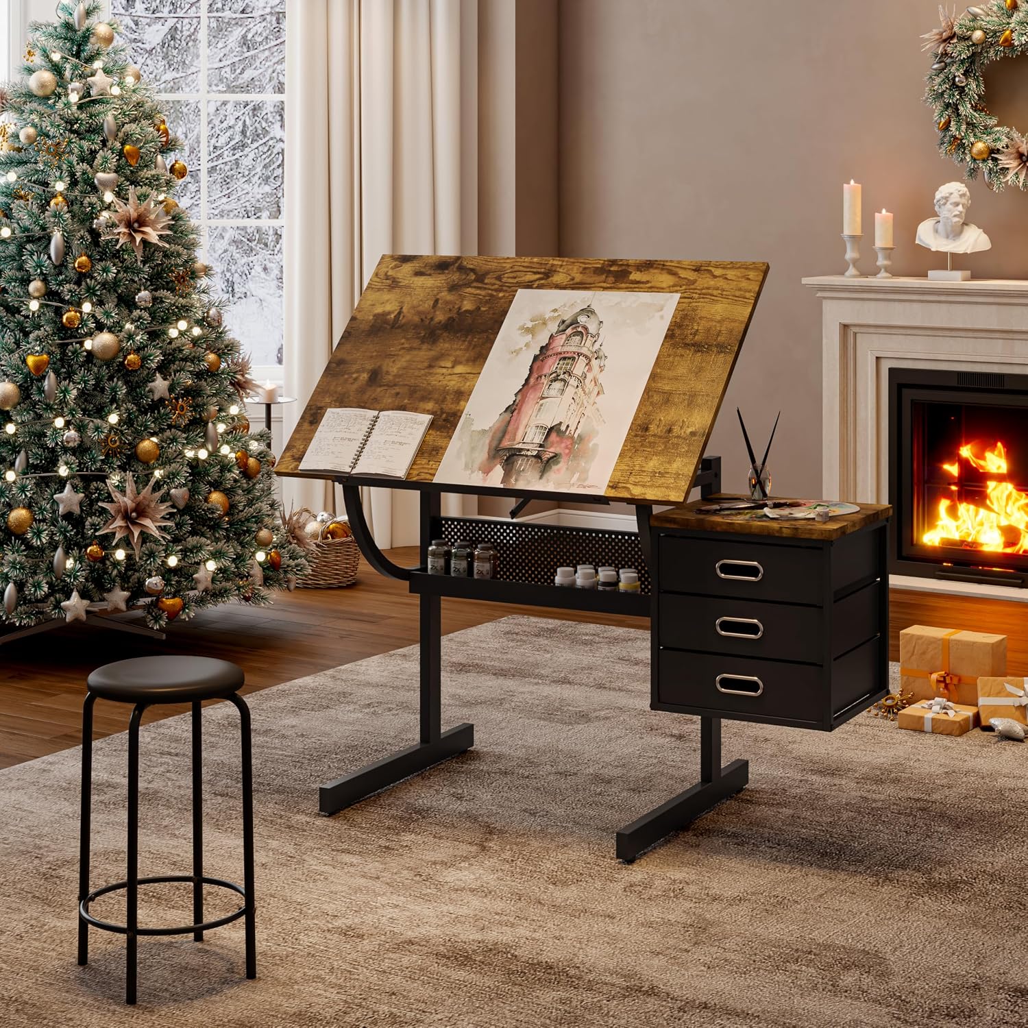 Adjustable Artist Drafting Table with Stool